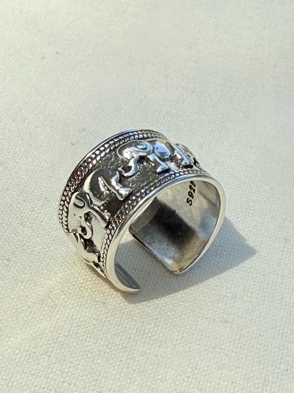 Sterling Silver 925 Elephant Motif Adjustable Band Ring - Silver